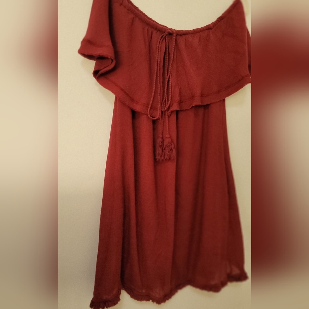 Wishlist Deep Red Boho Off The Shoulder Frayed Hem Swing Mini Dress S/M. - Picture 12 of 15